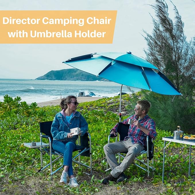 FUNDANGO Aluminium Camping Director Chair with Armrest Portable Lightweight Folding Outdoor Camping Chair with Side Table &amp Umbrella Holder Full Back Lawn Chair for Camping Fishing Picnic Stadiu