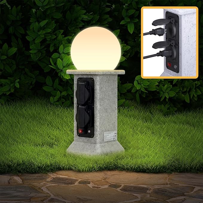 uuffoo Pathway Lights with Outdoor Outlet 4-Socket Marble Look Weatherproof Plug Cover with LED Ball Light Dusk-to-Dawn Sensor 3M Cord Landscape Lighting for Patio Garden Walkway Driveway Decor