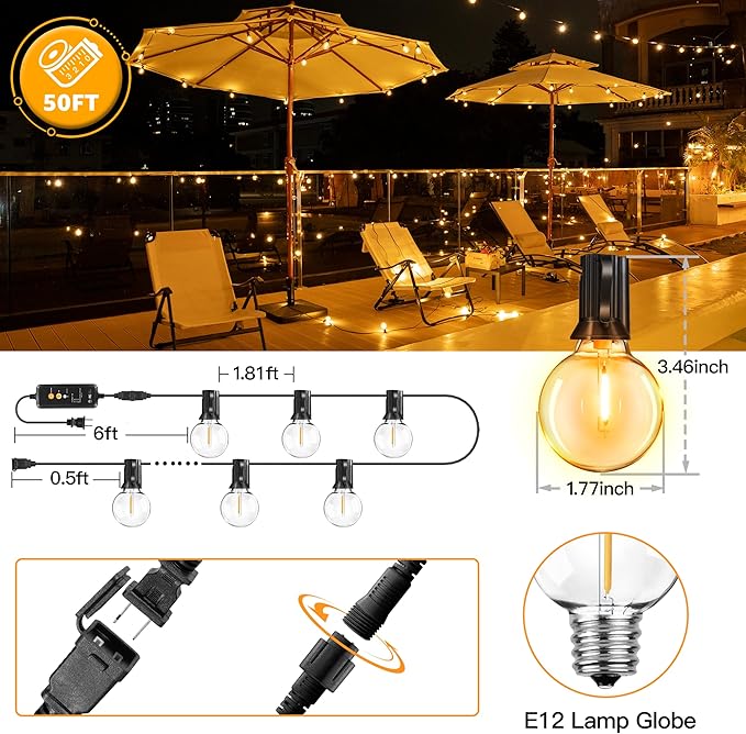 50FT Outdoor String Lights with Remote Dimmer 25 + 2 Spare Led G40 Bulbs Connectable Dimmable Balcony Lights Support Timer Waterproof Shatterproof for Patio Porch Garage Cafe