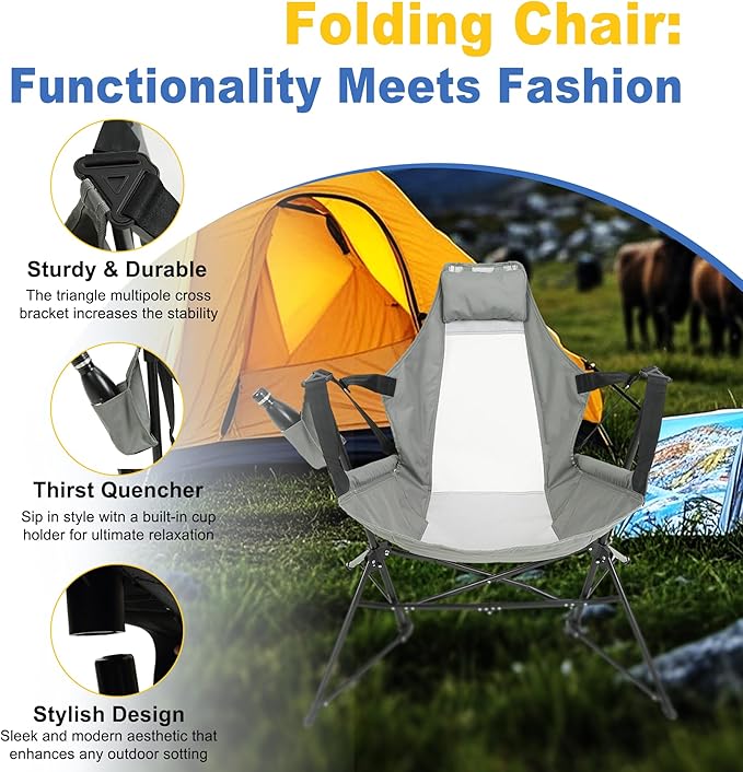 Hammock Camping Chair Portable Chairs with Pillow Cup Holder and Carry Bag Lightweight Foldable Chair for Outside Camping Hiking Travel Beach and Sports (Grey)