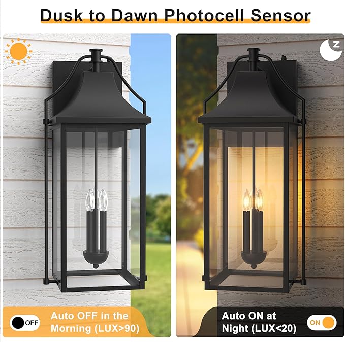 25-INCH Dusk to Dawn Outdoor Wall Light Large Size Waterproof Patio Lanterns 3-Light Exterior Wall Mount Lantern Sconce with Glass Black Wall Sconces for House Garage Front Door