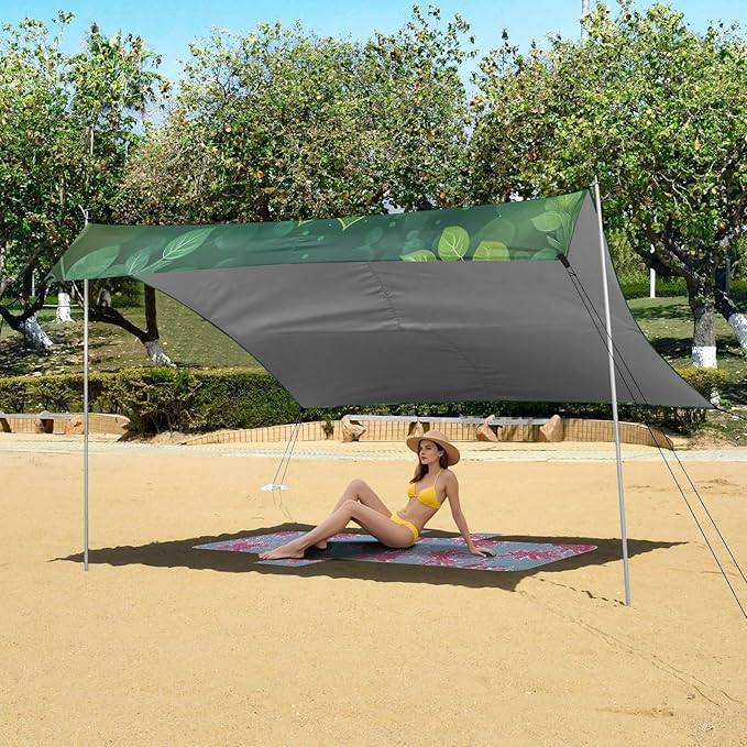 Mandala Texture Green Beach Tent Sun Shelter 9.2' x 10.5' Beach Canopy with 4 Sandbags 4 Stability Poles Sand Shovels - Tent Canopy for Beach Camping Fishing Picnics