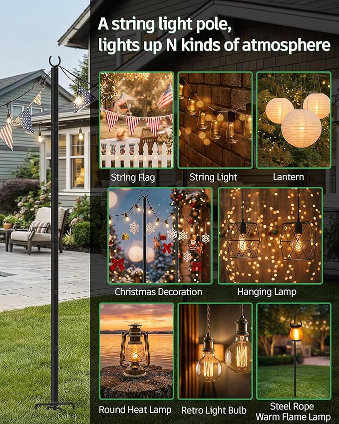 LAND·VOI Outdoor String Light Poles 1 Pack Heavy Duty String Light Poles for Outside with 5-Prong Base &amp Adjustable Height Perfect for Backyard Patio Garden Fence and Party Decor
