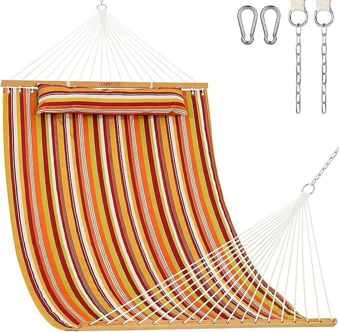 Lazy Daze Hammocks 12 FT Quilted Fabric Double Hammock with Spreader Bars and Detachable Pillow 450lbs Weight Capacity Vivid Stripe