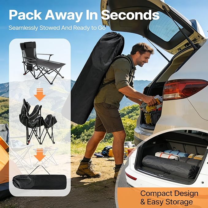 Suteck Camping Chair with Foot Rest Lightweight Foldable Beach Chairs Adjustable 90°- 140°Reclining Lounge Chair Heavy Duty Outdoor Chairs for Outside with Detachable Pillow &amp Carry Bag Black