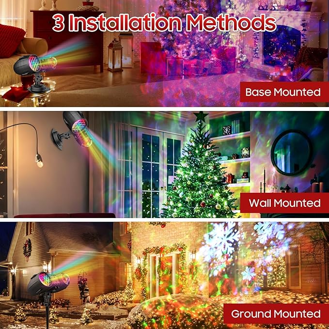 3-in-1 Christmas Projector Lights Outdoor Dynamic Snowflakes + Ocean Wave Water Pattern + Red/Green Laser Light Show IP65 Waterproof Remote Projector for Yard Holiday Decor