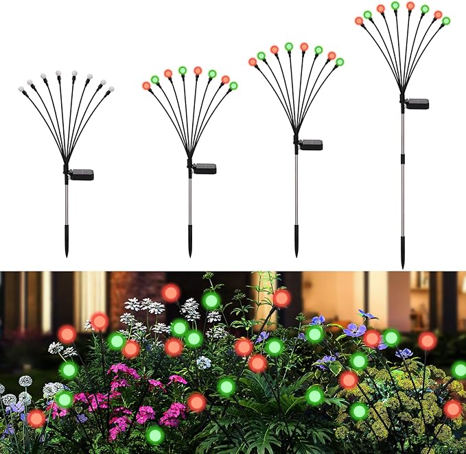Solar Firefly Lights Outdoor Waterproof 8 Modes Red and Green Firefly Swaying Solar Garden Lights Stakes for Outside Christmas Holiday Yard Patio Plant Garden Decor 4 Pack(Red &amp Green)