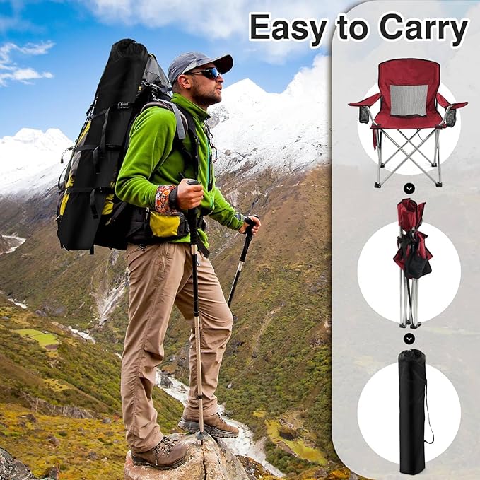 Simple Deluxe Outdoor Foldable Camping Chair with 300lbs Capacity and Sturdy Material Outdoor Camping Chair with Cup Holder &amp Carrying Bag Suitable for Sports Beaches and Camping Red