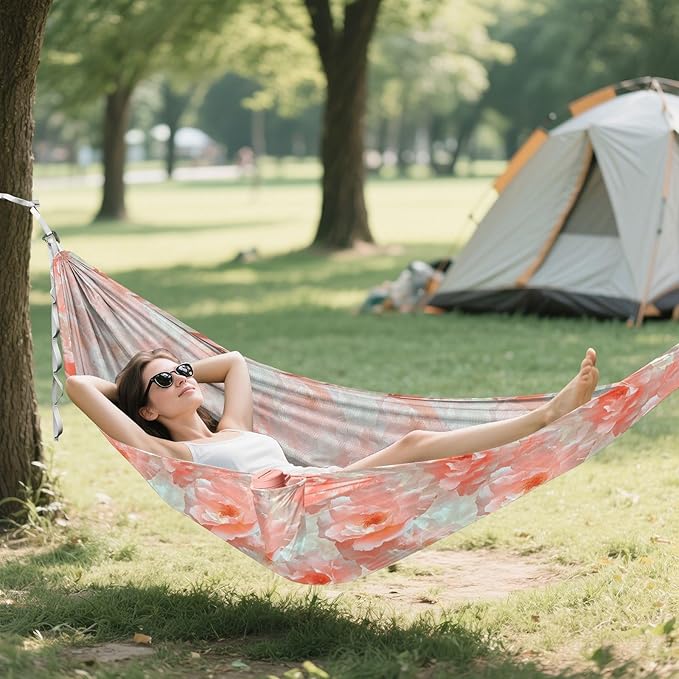 ALAZA Dreamy Rose Flowers Floral Camping Hammocks Single or 2 Person 500 lbs Portable Parachute Travel Hammock w/Tree Straps for Hiking Backpacking Indoor Outdoor