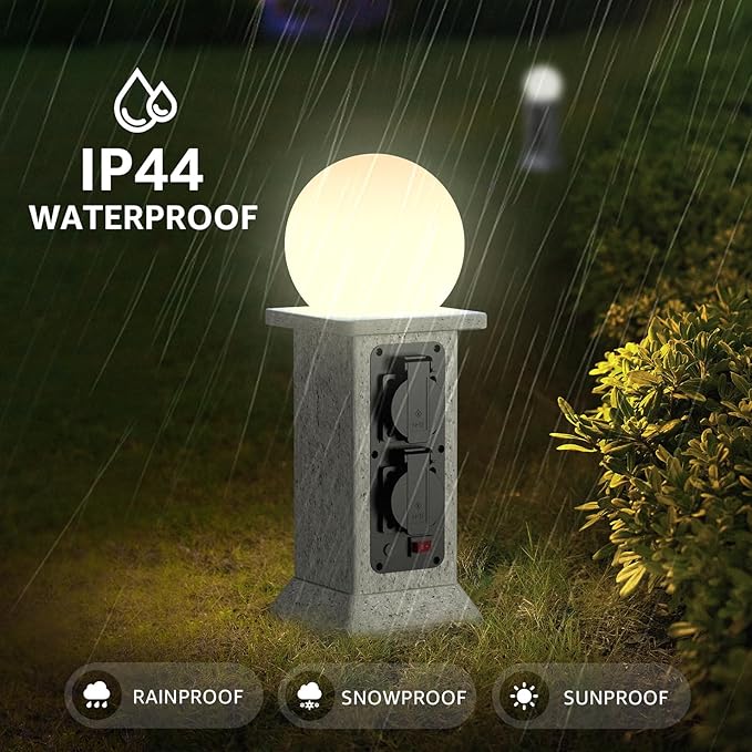 uuffoo Pathway Lights with Outdoor Outlet 4-Socket Marble Look Weatherproof Plug Cover with LED Ball Light Dusk-to-Dawn Sensor 3M Cord Landscape Lighting for Patio Garden Walkway Driveway Decor