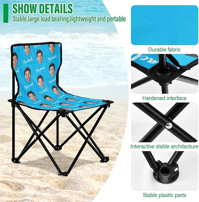 Sinestour Sky Blue Custom Photo Folding Camping Chair for Teen Child Personalized Name 14.6×14.6in Portable Outdoor Chair with Carry Bag for Beach Picnic Barbeques