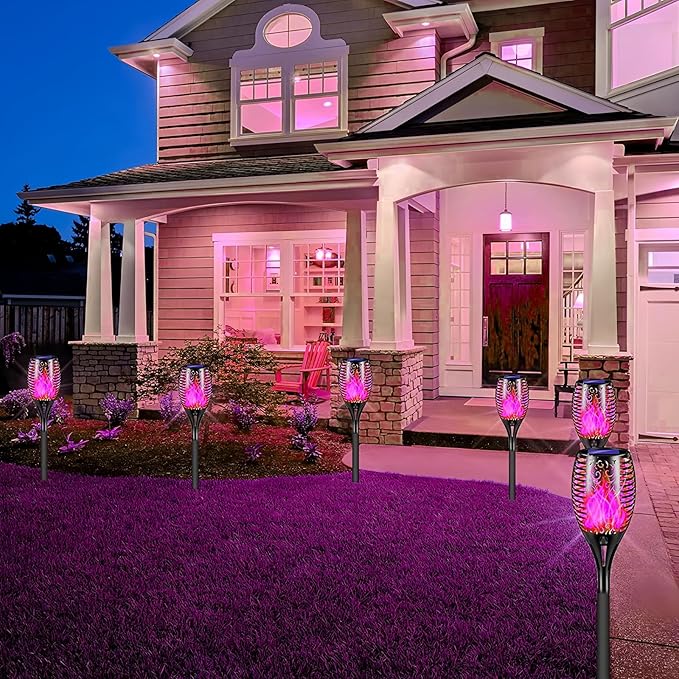 Solar Torch Light with Flickering Flame4Pack Solar Lights OutdoorWaterproof Solar Powered Yard Garden LightsSolar Flame LightTorches Lighting for Outside Patio Lawn Path Decorations (Purple)