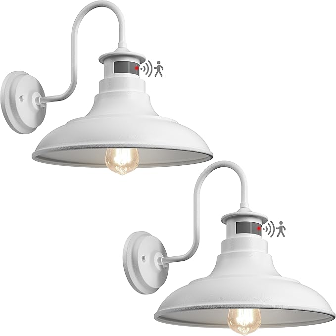 2 Pack Farmhouse Gooseneck Wall Sconce Barn LightsMotion Sensor and Dusk to Dawn Outdoor Wall Mount Lighting Fixtures3 Modes Exterior Porch Light IP65 Waterproof E26 Matte White Wall Lamp for Patio