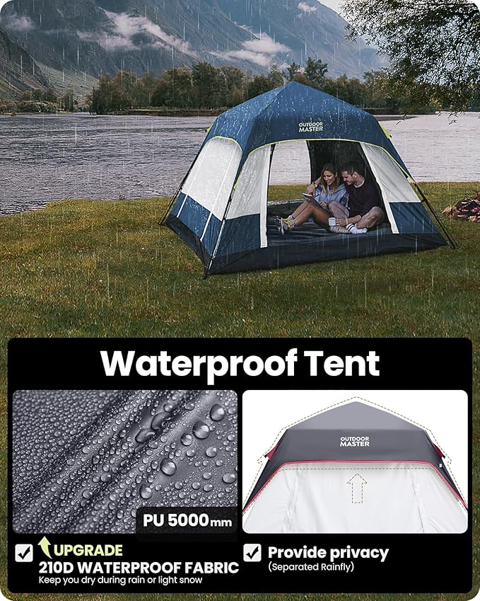 OutdoorMaster Updated Camping Tents 4/6 Person Camping Tent with Blackout Shelter Technology Easy Setup in 60 Seconds Weatherproof Pop Up Tent with Top Rainfly Instant Cabin Tent