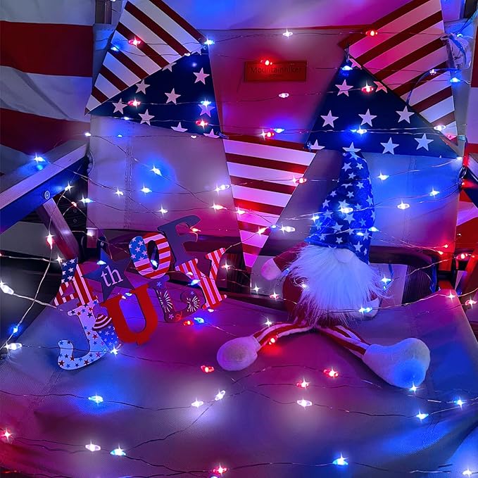 4th of July Decorations Solar String Lights 2Pack 400LED Independence Day Lights for Outside Red White and Blue Solar Light Waterproof Copper Wire 8 Modes Twinkle Light for Memorial Day National Day