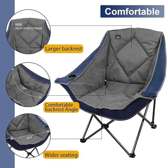 Northroad Oversized Foldable Camping Chair Outdoor Padded Lawn Chair w/Cup HolderCarry Bag for Beach Hiking and PicnicsHeavy-Duty 300-lbs Capacity Blue