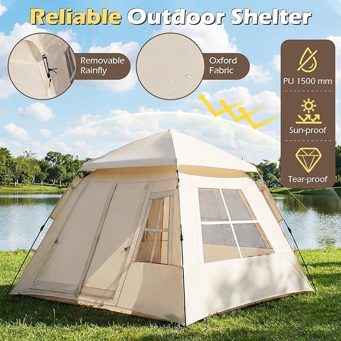 Goplus 4 Person Camping Tent Portable Automatic Easy Setup Cabin Tent with Rainfly Mesh Windows 2 Doors &amp Carrying Bag Lightweight Outdoor Sun Shelter for Hiking Traveling Picnic