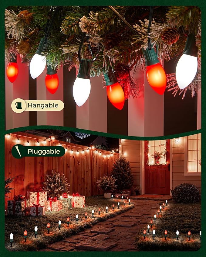Brightown Frosted C9 LED Christmas Lights Outdoor 2 Packs Total 51.4Ft 40 LED Bulbs Pathway Lights Christmas Decorations Outside Driveway Waterproof Walkway Sidewalk Red and White