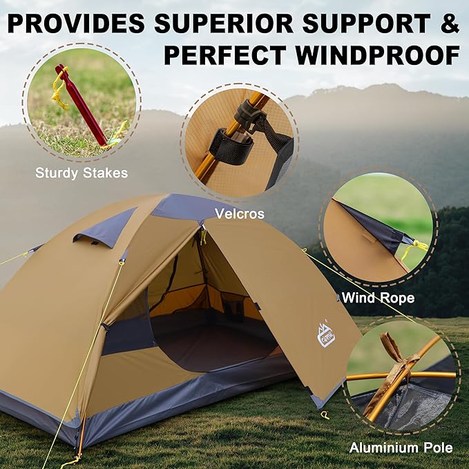 2 Person Backpacking Tent Waterproof Windproof Two Person Tent Lightweight Easy Setup 2 Man Tent for Camping Hiking Cycling