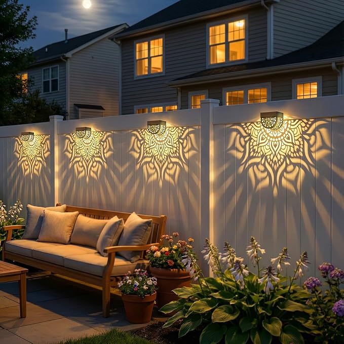 4 Pack Solar Fence Lights Outdoor Wall Lights Plastic Solar Powered Deck Step Stair Lights Mandala Theme Waterproof Fence Solar Light for Garden Post Patio Yard Decor Gardening Gifts for Women Mom