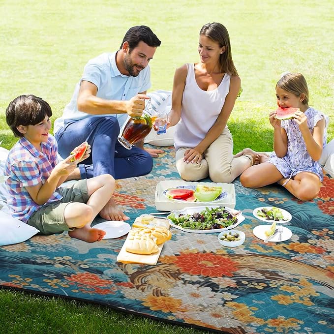 Japanese Foral Camping BlanketLightweight Waterproof Sandproof Beach Blanket Foldable Blankets for Outdoors Travel Picnics Beach 78 x 78 Inches