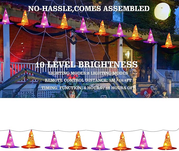 DAZZLE BRIGHT 8 Pcs Hanging Witch Hat String Lights Light Up Waterproof Halloween Decorations with Remote Control for Outdoor Garden Party Carnival Supplies Decor (2 Pack)