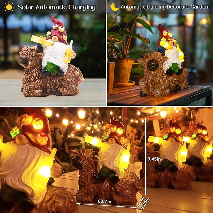 DKJOCKY Gnome Garden Decor Statue with Solar Light Lantern Highland Cow Birthday Gifts for Women Mom Grandma Funny Waterproof Resin Figurine Outdoor Decorations for Yard Patio Lawn Balcony Porch