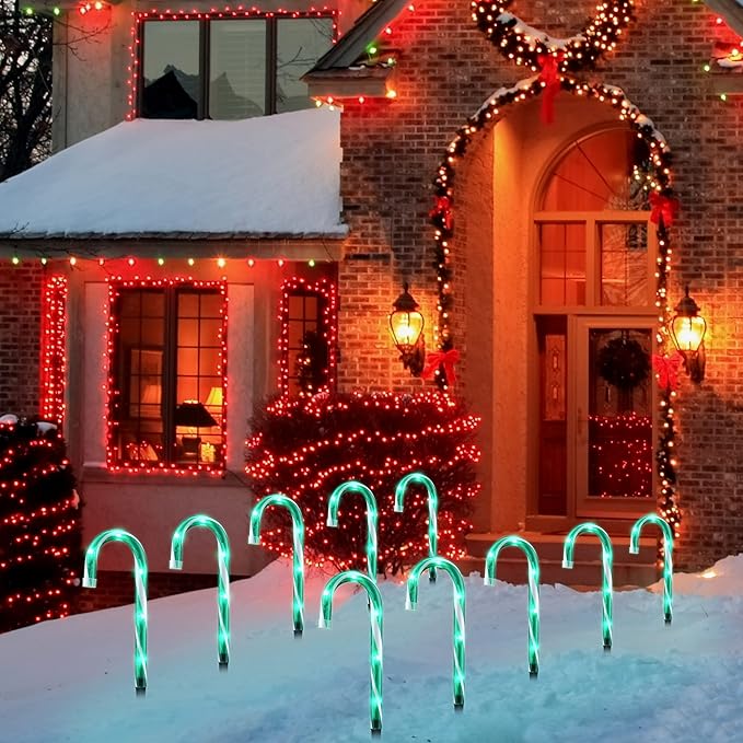GAGALIFE Candy Cane Lights - 10 Pack Candy Cane Pathway Lights 10 Christmas Candy Cane Lights Green Outdoor Candy Cane Christmas Decor for Walkway Driveway Sidewalk Stake Lights Markers