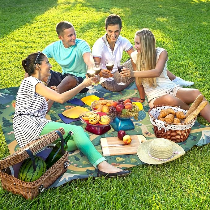 Waterproof Sandproof Beach Blanket 59''×68'' Scenery Mountains Polyester Outdoor Picnic Blanket with 4 Stakes &amp Storage Bag for BeachCampingVacation Green