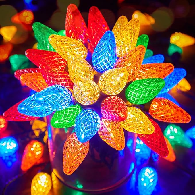 Brightown C9 Christmas String Lights Multicolor 66ft 100 LED Faceted Christmas Lights on Green Wire Plug-in Large Bulb Strawberry String Lights for House Roof Roofline Christmas Tree Party Outdoor