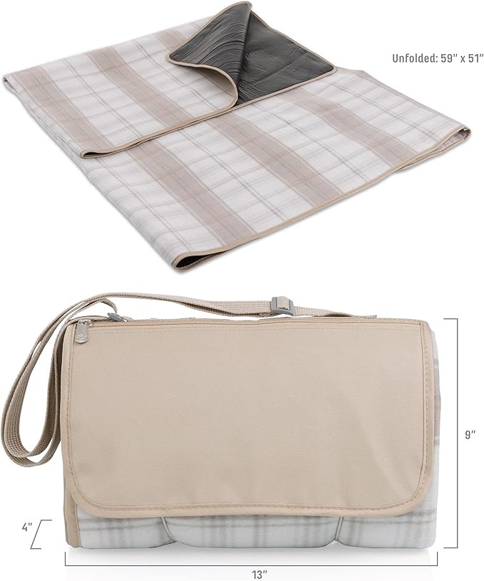 Picnic TIME Outdoor Picnic Blanket Tote 59x51 Foldable Beach &amp Camping Blanket with Soft Fleece Water-Resistant Bottom Adjustable Strap &amp Zippered Pocket (Neutral Plaid)