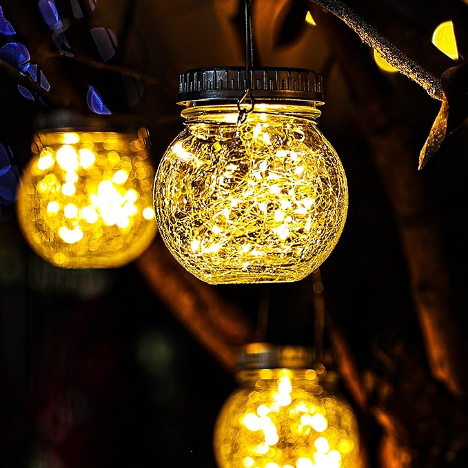 Cooo 6 Pack Crackle Glass Solar Lantern with 30 LED Firefly Lights– Waterproof Outdoor Hanging Lamp 215% Larger Solar Panel Anti-Rust Lids Decorative Lighting for Garden Patio Christmas Decorations