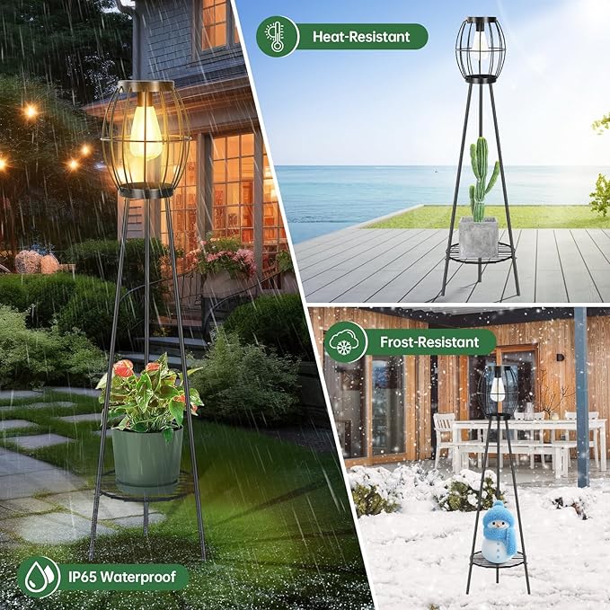 2 Pack Solar Lights Outdoor with Plant Stands Solar Floor Lamp Solar Powered Street Light Metal Tripod Deck Lights Patio Decor for Garden Yard Pathway Driveway Porch