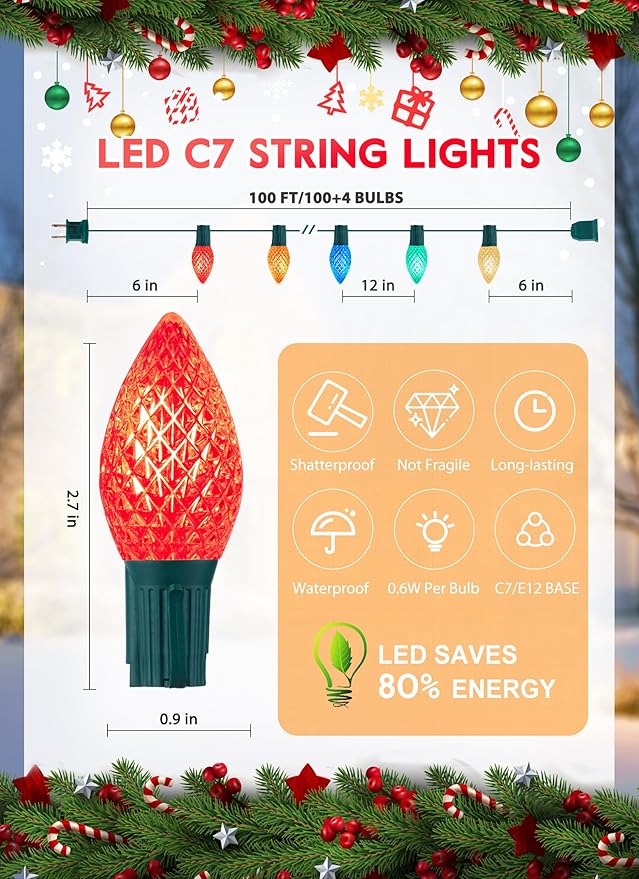 Multicolor C7 LED Christmas Lights Outdoor 100FT Colorful Christmas String Lights with 100+4 Plastic Bulbs Traditional Hanging Holiday Lights for Christmas Tree Patio Fence Roofline Xmas Decorations