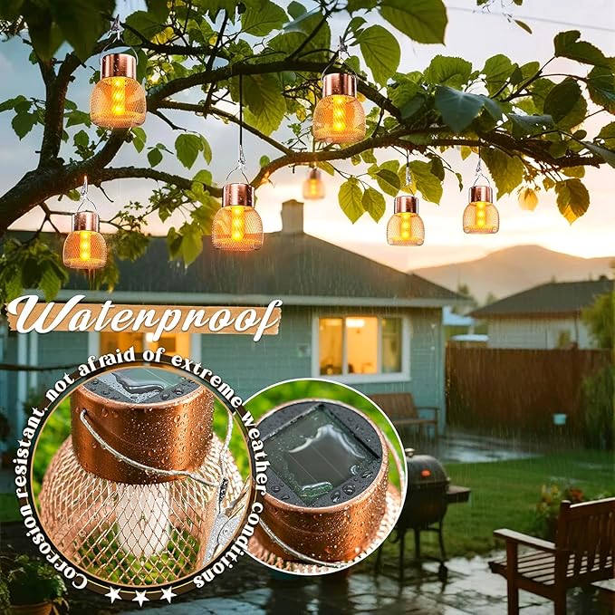 Anordsem Solar Hanging Lights Outdoor: 8 Metal Mesh Flame Lanterns with Clip - Waterproof LED Warm Lighting for Christmas Tree Yard Garden Decor - Xmas DIY Gift for Homeowners Camper