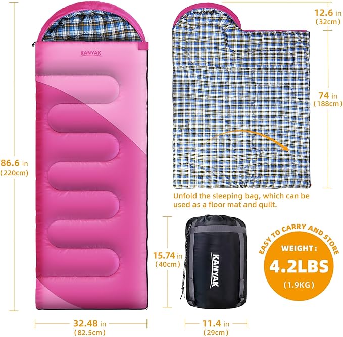 Camping Sleeping Bag 32℉ Sleeping Bags for Adults Kids Teens Cold Weather Warm Sleeping Bag Winter for 3-4 Season Camping Camping Gear Equipment Traveling and Outdoors