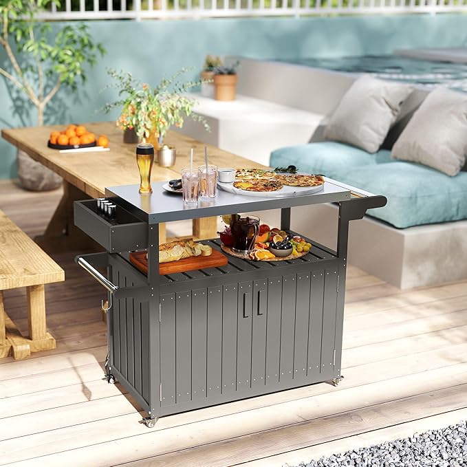 Luxury Heavy Duty Stainless Steel Outdoor Bar Cart with Spacious Storage Premium Construction Wheeled Casters HDPE Steel Gray Finish