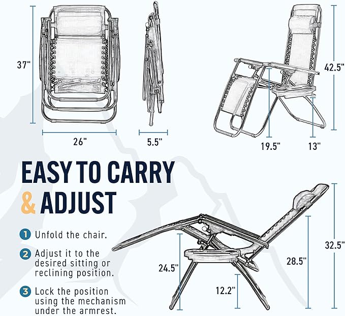 Trapper's Peak Padded Zero Gravity Chair with Removable Pillow and Side Table Grey/Black