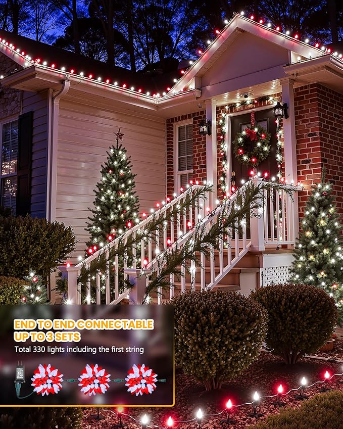 Minetom C9 Christmas Lights Outdoor 88FT 110LED String Lights with 8 Lighting Mode Waterproof Connectable UL Certified C9 Christmas Decorations for Indoor Outdoor Patio Roofline Decor Red＆White