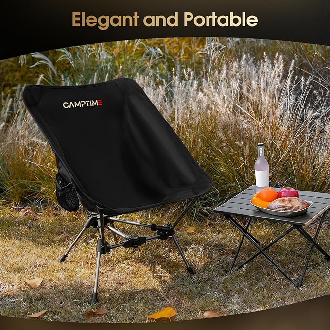 Portable Camping Chair Lightweight Compact Backpacking Chair with Side Pocket Wide Seat Folding Chair for Camping Hiking Beach - Supports 330Lbs Black
