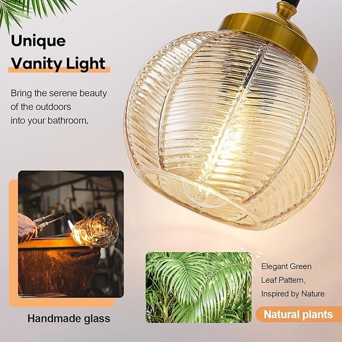 Bathroom Light Fixtures 3-Light Amber Vanity Lights with Unique Leaf Texture Glass Shade Modern Matte Black and Gold Bathroom Wall Lamp for Mirror Hallway Cabinet Living Room