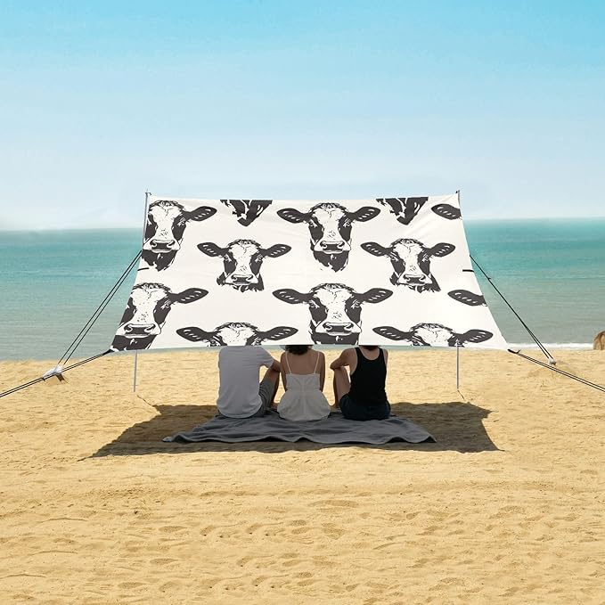 Cow Pattern Beach Tent Sun Shelter 9.2' x 10.5' Beach Canopy with 4 Sandbags 4 Stability Poles Sand Shovels - Tent Canopy for Beach Camping Fishing Picnics