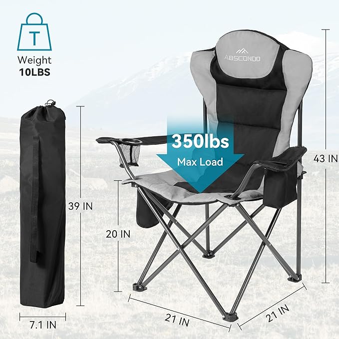 ABSCONDO Camping Chairs for Adults Oversized Folding Camp Chair for Outdoor with Cup Holder &amp Cooler Bag XL Heavy Duty Lawn Chairs Supports up to 350lbs (2 Pcs)