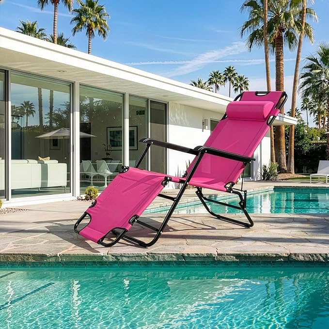 Reclining Camping Chair Portable Dual Purposes Extendable Folding Reclining Chair4 Adjustable Positions Patio Beach Chair for AdultsLawn Lounge Chairswith Headrestfor Garden Pool Sports (Pink)