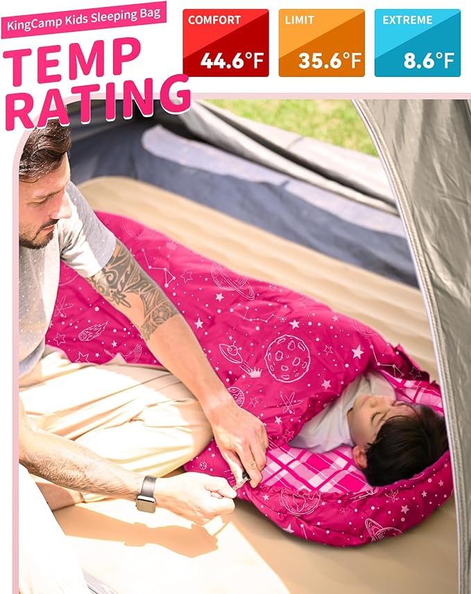 KingCamp 45°F Kids Sleeping Bag Lightweight Waterproof &amp Compact Flannel Sleeping Bags Cold Weather &amp Warm Youth Essentials Gear Accessories for Camping Fits 10-12 Children up to 4'7-5'5 T