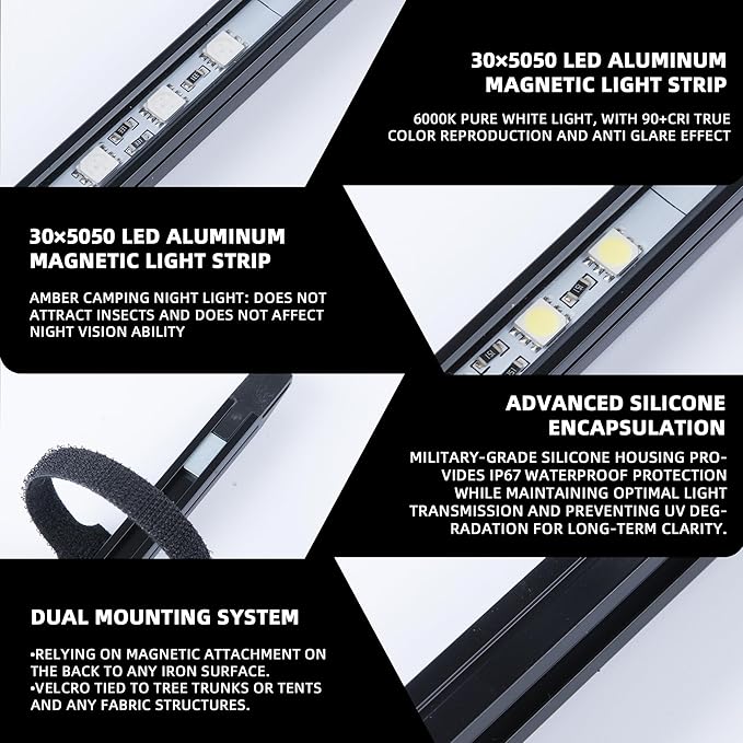 12V LED Light Bar Kit 2 Bars White &amp 2 Bars Amber Adjustable Brightness RV Camping Lights - Waterproof IP67 Magnetic &amp Velcro Mount Portable Lighting for Tent Car Trailer Boat Truck Of