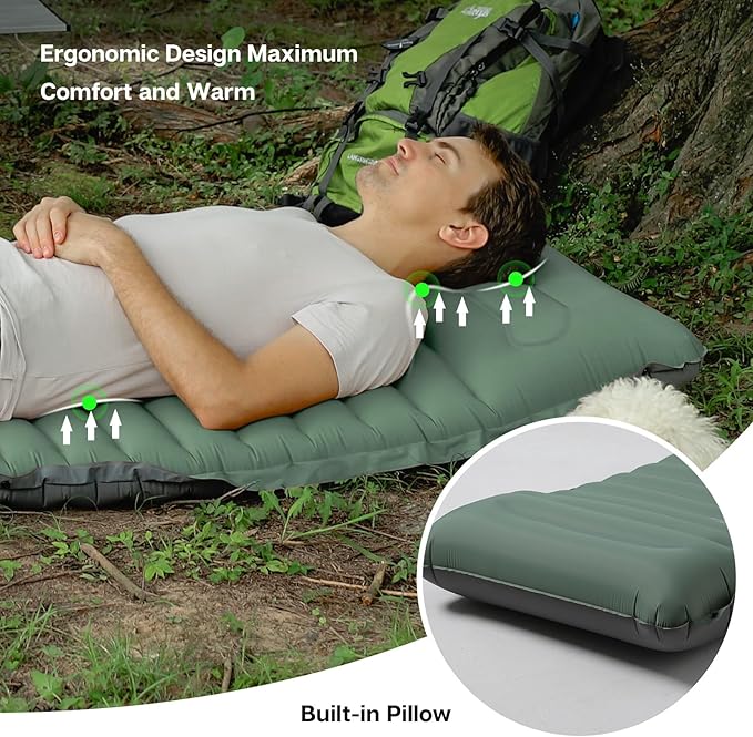 Inflatable Sleeping Pad for Camping Ultralight Camping Mat Air Mattress Built-in Pump Durable Waterproof Compact Sleeping Mat for Outdoor Backpacking Hiking Green