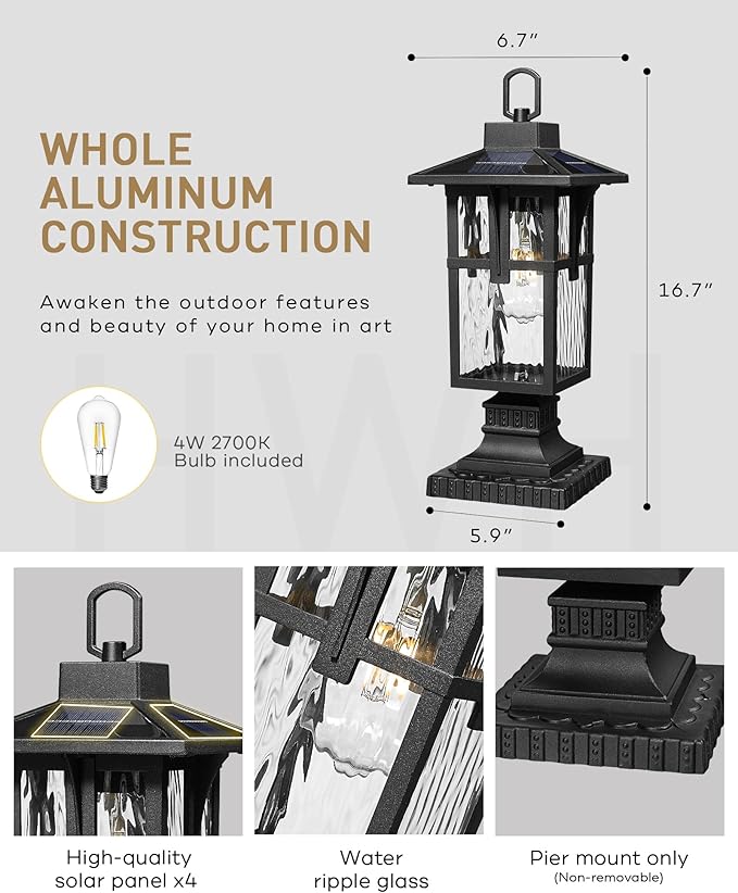 Solar Post Lights Outdoor HWH Exterior Lamp Post Light Fixture Waterproof Pier Mount Light with Water Ripple Glass Patio Garden 5HX62P-ML SL BK
