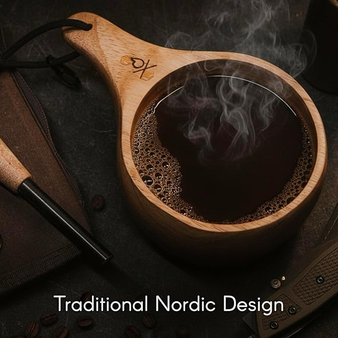 überleben | Lore Kuksa Wooden Cup – Handcarved 12oz Coffee Mug Bowl with Lanyard &amp Carabiner – Lightweight Camping Essentials &amp Traditional Nordic Bushcraft Gear