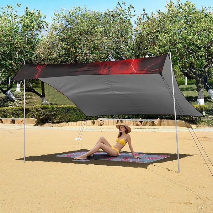 Red Lightning on Black Beach Tent Sun Shelter 9.2' x 10.5' Beach Canopy with 4 Sandbags 4 Stability Poles Sand Shovels - Tent Canopy for Beach Camping Fishing Picnics